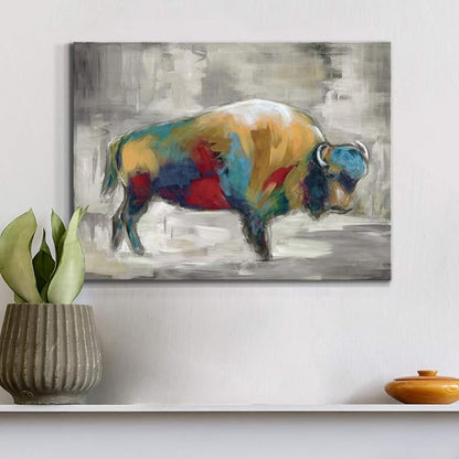 Renditions Gallery Canvas Animal Wall Art Home Paintings & Prints Colorful Bison Brushstroke Abstract Black & White Modern Artwork Decorations for Bedroom Office Kitchen - 18"x27" LT33