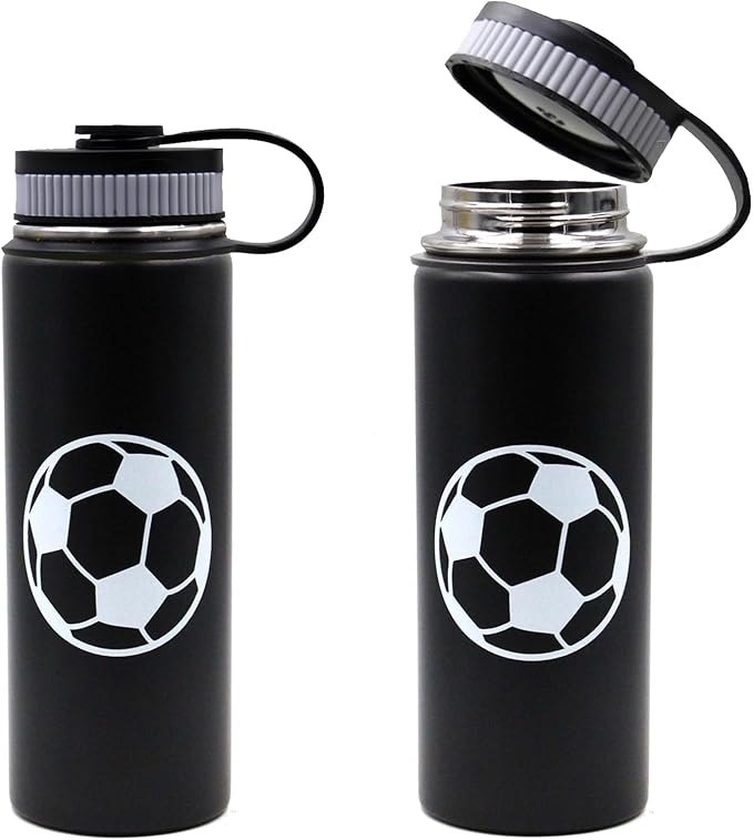 18 oz Soccer Water Bottle, Wide Mouth Travel Sports Flask with 2 Lids（Straw Lid+Flex Cap）BPA Free 18/8 Stainless Steel Double Wall Vacuum Insulated Water Bottles (18oz, Soccer)