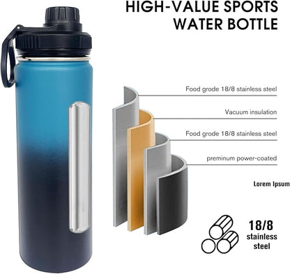 1pack 22 oz Insulated Water Bottle With Straw, Stainless Steel Sports Water Cup Flask with 2 Lids, Wide Mouth Travel Thermal Mug,Navy Black