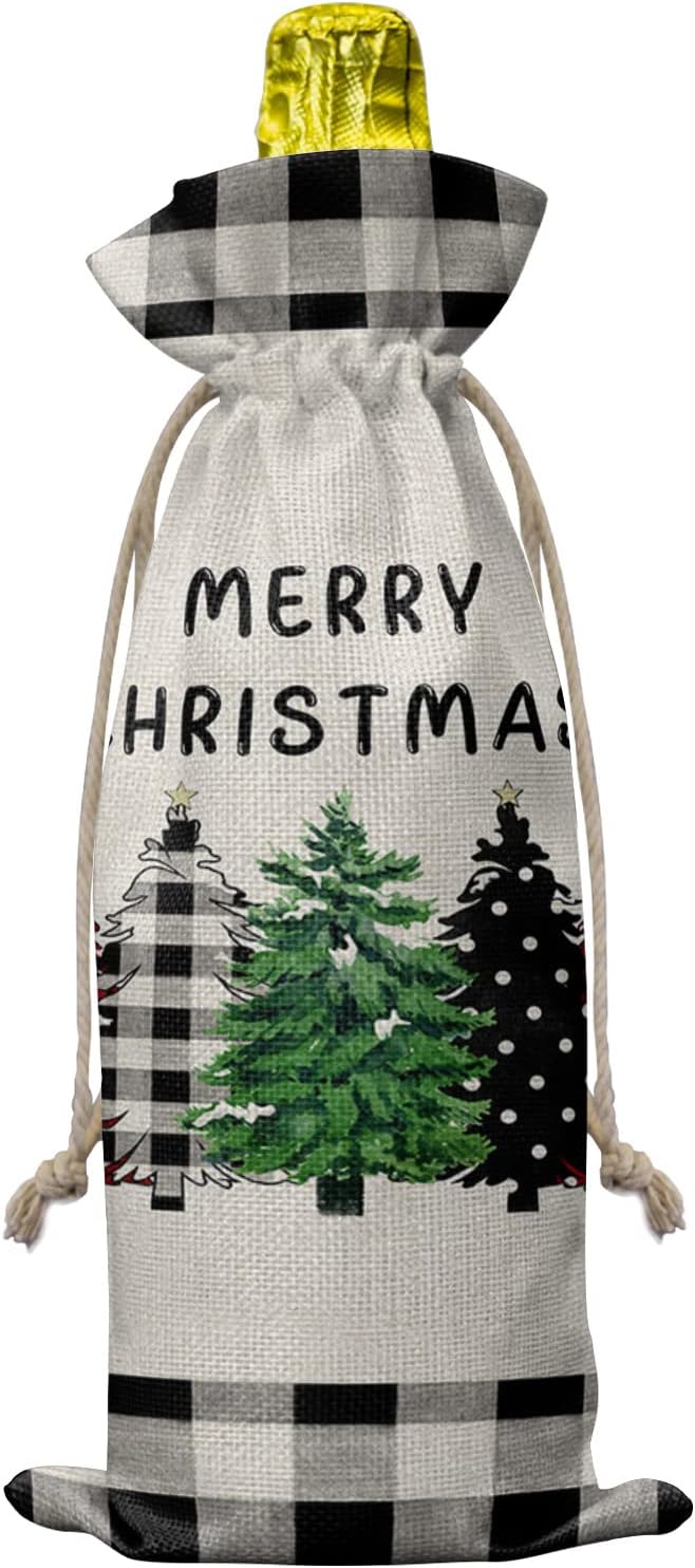 10 Pack Wine Bottle Bags, Christmas Tree Wine Bottle Cover with Drawstring, Vintage Black White Checkered Xmas Tree Gift Bag for Champagne Wedding Birthday Party