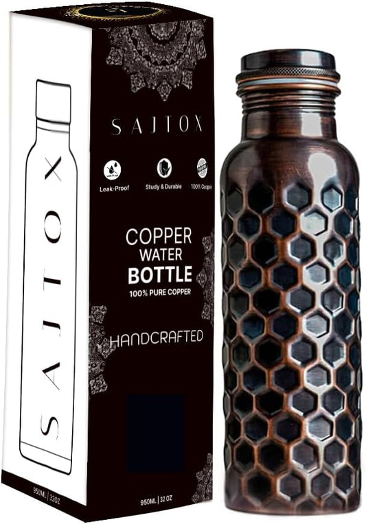 Pure Copper Water Bottle, 32oz, Antique Black Diamond, Ayurvedic Water Bottle with Lid, for Hiking, Camping, Home, Office, Gym, Travel, Outdoor Activities 950 ml