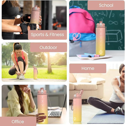 1L Water Bottle with Straw - Leak-Proof & BPA Free Reusable Sports Bottle - Motivational Time Markings for Hydration Durable Drink Bottle for Gym, Sports, Outdoor (Pink and Yellow)