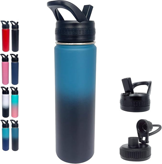 1pack 22 oz Insulated Water Bottle With Straw, Stainless Steel Sports Water Cup Flask with 2 Lids, Wide Mouth Travel Thermal Mug,Navy Black