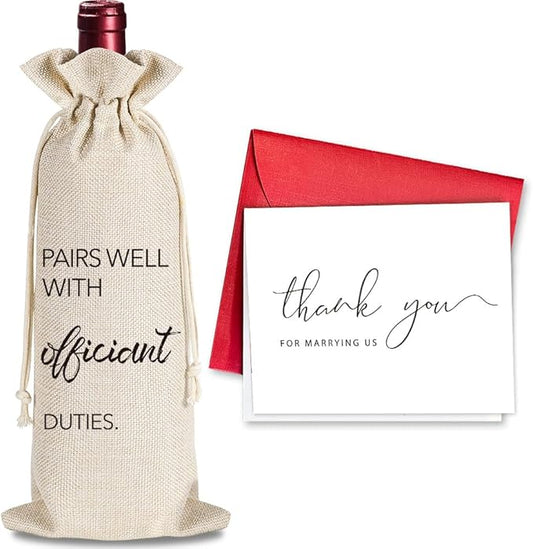 YAANUNULU Wedding Gifts for Officiant, Wedding Officiant Wine Bag for Wedding Day, Best Officiant Ever, Pairs Well With Wedding Officiant, Drawstring Burlap Wine Bag, 1 Wine Bag with 1 Thankful Card