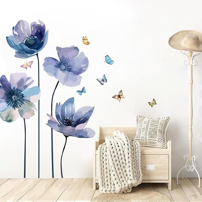 Blue Flower and Butterfly Wall Decal - 88x92cm Decorative Sticker for Home Decor