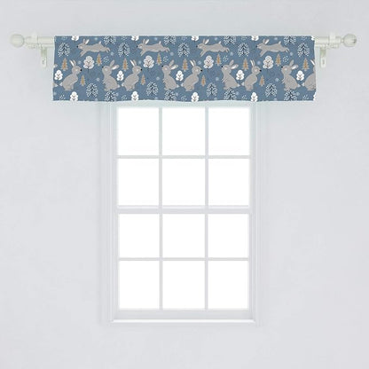 Ambesonne Bunny Window Valance, Continuous Pattern with Trees and Rabbits Snowflakes, Curtain Valance for Kitchen Bedroom Decor with Rod Pocket, 54" X 12", Blue Grey