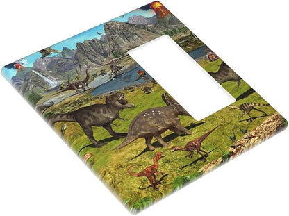 Cute Dinosaur Combo Single Blank 1 Rocker Light Switch Wall Plate Cover Decorative 2-Gang for Electrical Boys Kids Room Bathroom Bedroom Home Kitchen One Decora Receptacle 4.5" x 4.6"