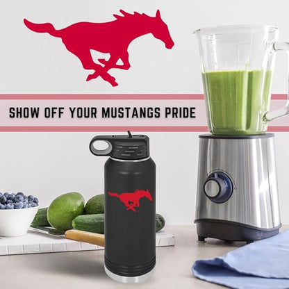 Southern Methodist University 32oz Stainless Steel Double Walled Black Beverage Bottle with Flip Straw Spout - College Gear for Playoff Season – For Office, Home or Auto – Show your Mustang Pride