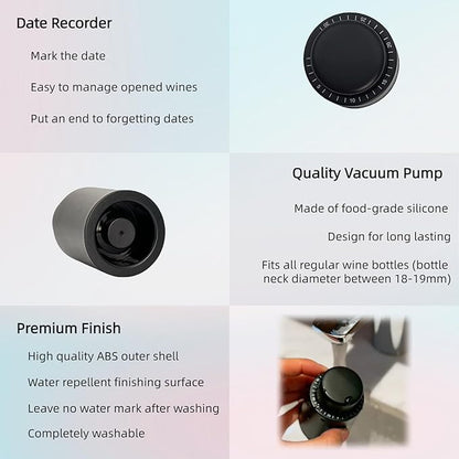 2 Pack Wine Stoppers Vacuum, Vacuum Wine Stopper with Date Scale Recorder, Wine Bottle Stopper Set of 2, Reuseable Wine Saver, Wine Vacuum Pump and Stopper, Present for Wine Lovers(Black)