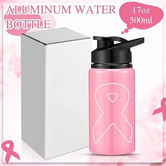 12 Pieces Breast Cancer Awareness Gifts Aluminum Water Bottles Pink Ribbon Breast Cancer Gift for Women Leak Proof Lightweight Portable Bottles for Marathon Running (Stylish Style,17 oz)