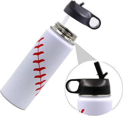 18 oz Baseball Water Bottle, Sports Canteen Metal Travel Tumbler with 2 Lids 18/8 Stainless Steel Double Wall Vacuum Insulated Water Bottles (18oz, White baseball)