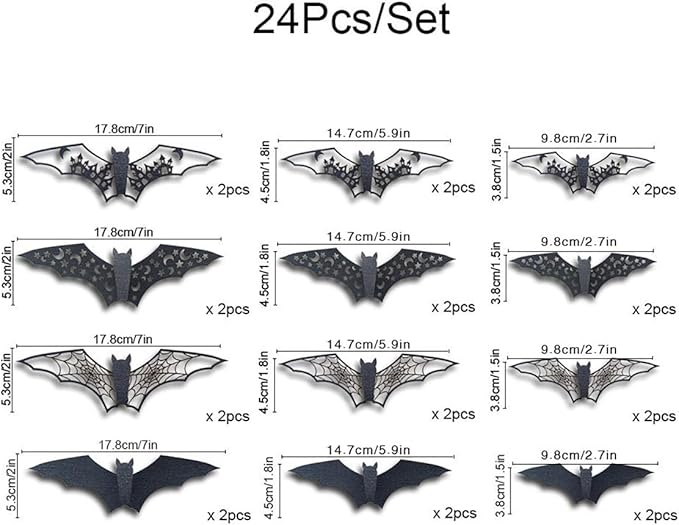 24Pcs Halloween Decorations Large Hollow Bats Wall Decor 3D Halloween Wall Decals PVC Scary Bat Stickers for Kitchen Bedroom Fireplace Bathroom Home Indoor Outdoor Halloween Party Decorations