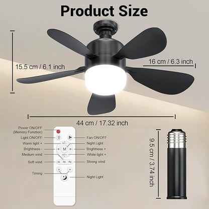 JTT Socket Fan Light with Remote - Screw in Ceiling Fan Light LED Bulb Fan with 3 Speed, 3000/4000/6000K Selectable and Adjustable Brightness Settings Socket Fan for Bedroom Living Room Kitchen Garage