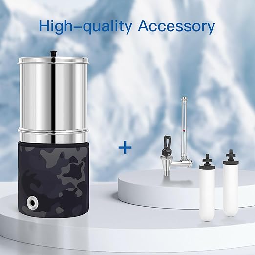 2.25G Gravity Water Filter System, 304 Stainless Steel Countertop System with 2 Ceramic Filters and Stainless Steel Spigot, Reduce Chlorine, for Home, Camping, RVing, Off-Grid, Emergencies