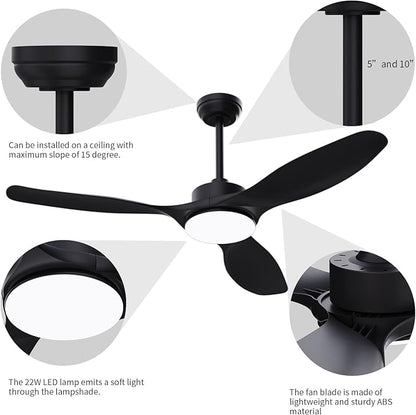 52'' Ceiling Fans with Lights Remote Control,Black Modern Ceiling Fan 3CCT 22W Dimmable LED Light,3 Reversible Blades,6 Speed Ceiling Fan for Bedroom Livingroom Home Office