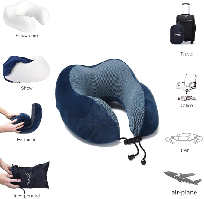 Travel Pillow, Best Memory Foam Neck Pillow Head Support Soft Pillow for Sleeping Rest, Airplane Car & Home Use (Dark Blue)