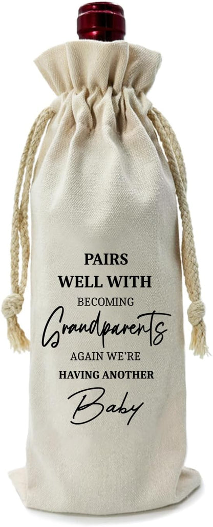 ZHANTUONE，Gift for Being Grandparents Again Ideas Wine Bag,Funny Pregnancy Announcement Wine Bag,Drawstring Polyester Cotton Cloth Wine Bag,Gifts for Grandparents,New Baby Gift,13IN