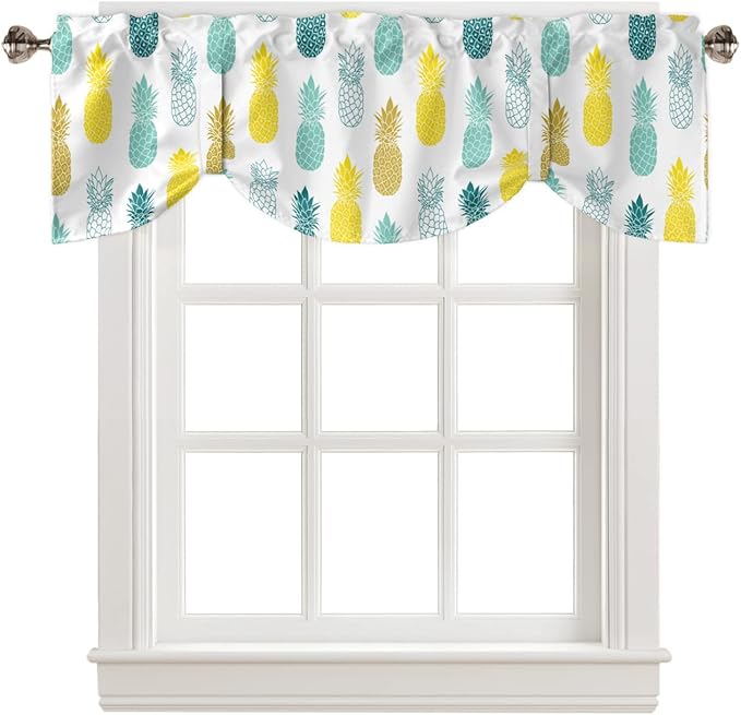 Tie Up Valance for Kitchen Living Room Farmhouse - Yellow Teal White and Blue Pineapple Rod Pocket Adjustable Tie-up Shade Valance for Small Window, Balloon Drape Valance 60x18 inches