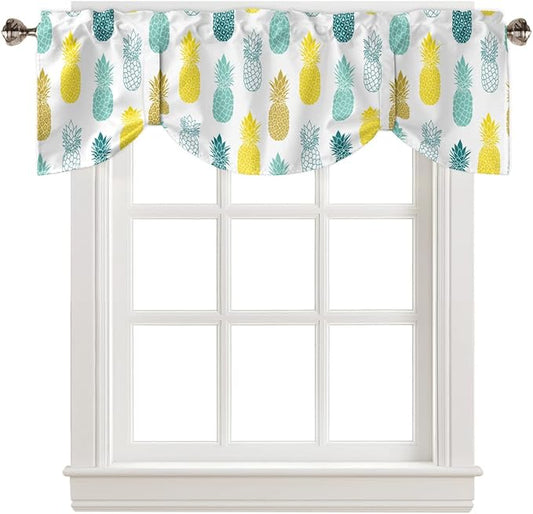 Tie Up Valance for Kitchen Living Room Farmhouse - Yellow Teal White and Blue Pineapple Rod Pocket Adjustable Tie-up Shade Valance for Small Window, Balloon Drape Valance 60x18 inches