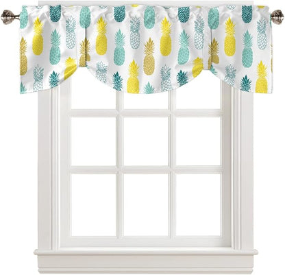 Tie Up Valance for Kitchen Living Room Farmhouse - Yellow Teal White and Blue Pineapple Rod Pocket Adjustable Tie-up Shade Valance for Small Window, Balloon Drape Valance 42x18 inches