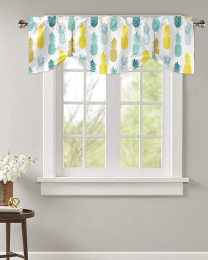 Tie Up Valance for Kitchen Living Room Farmhouse - Yellow Teal White and Blue Pineapple Rod Pocket Adjustable Tie-up Shade Valance for Small Window, Balloon Drape Valance 60x18 inches