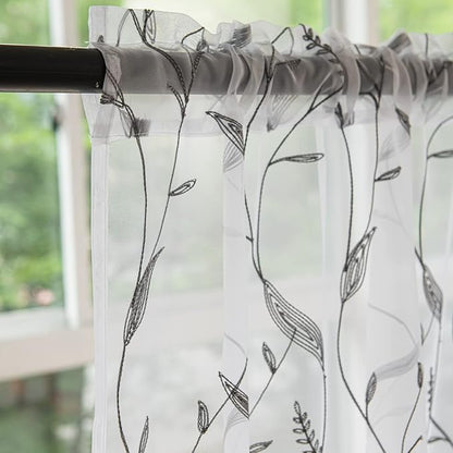 Windows Sheer Curtains Embroider Grey Leaf 63 Inches Length 2 Panels Voile Light Filtering Sheer Curtains Panel Basic Rod Pocket Sheer for Bedroom Living Room Children Room Kitchen Yard