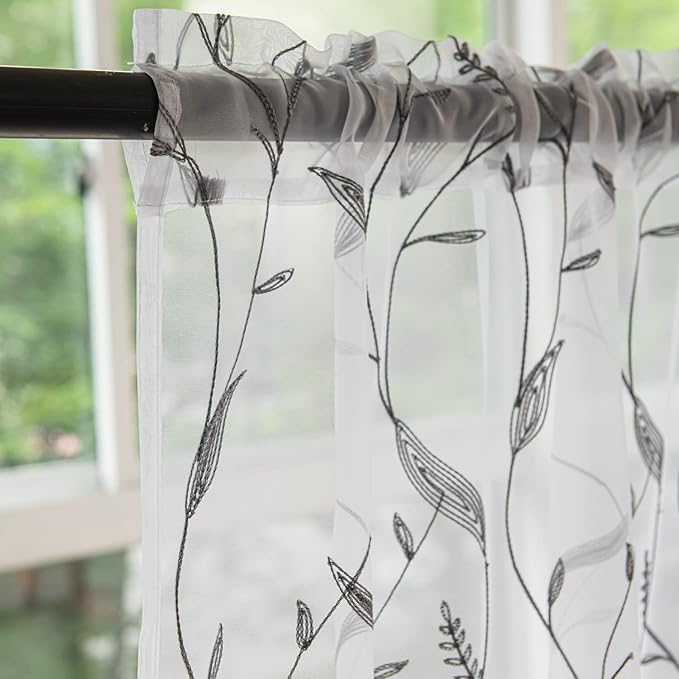 Windows Sheer Curtains Embroider Grey Leaf 72 Inches Length 2 Panels Voile Light Filtering Sheer Curtains Panel Basic Rod Pocket Sheer for Bedroom Living Room Children Room Kitchen Yard