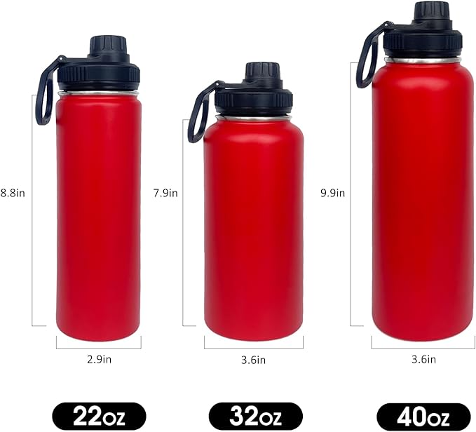 1pack 40 oz Insulated Water Bottle With Straw, Stainless Steel Sports Water Cup Flask with 2 Lids, Wide Mouth Travel Thermal Mug,Red