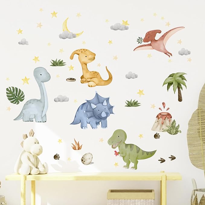 Yovkky Watercolor Baby Dinosaur Wall Decals Stickers, Dino Volcano Tropical Leaf Palm Tree Baby Boy Girl Room Nursery Decor, Cloud Moon Star Neutral Home Decorations Kid Bedroom Playroom Art