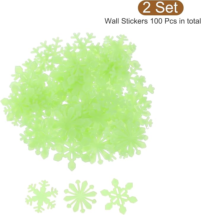 uxcell 100pcs Glow in The Dark Snowflake Fluorescent Plastic Wall Stickers Adhesive Murals Decals for Home Art Ceiling Bedroom Wall Decorations, Green