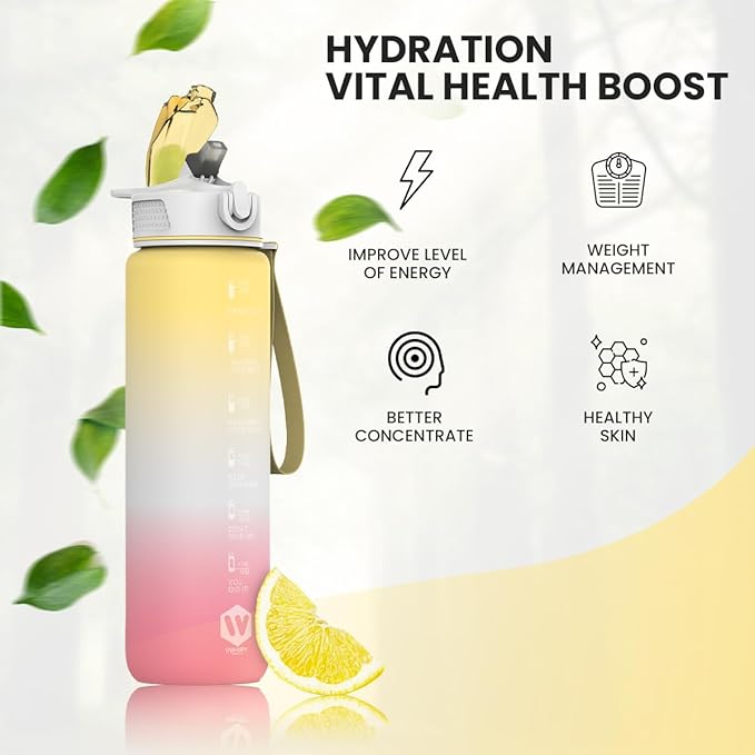 1L Water Bottle with Straw - Leak-Proof & BPA Free Reusable Sports Bottle - Motivational Time Markings for Hydration Durable Drink Bottle for Gym, Sports, Outdoor (Yellow White and Pink)