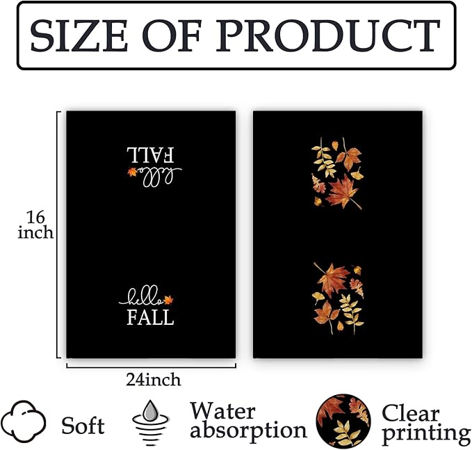 Black Fall Kitchen Towels Set of 2, Black Autumn Fall Dish Towels, Black Hello Fall Maple Leaves Decorative Hand Towels for Kitchen Bathroom, Fall Leaves Home Bathroom Kitchen Decor(16x24 Inch)