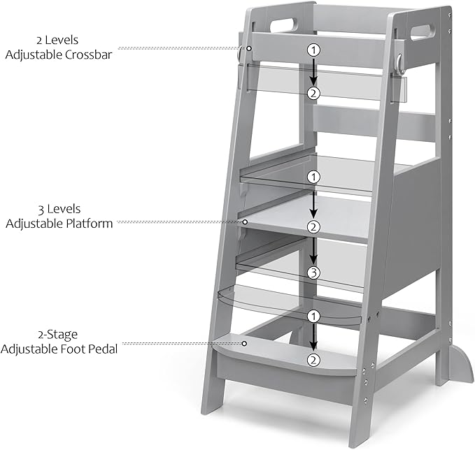 TOETOL Bamboo Toddler Step Stool Grey Learning Standing Helper Tower for Toddlers Kitchen Stools Counter 3 Height Adjustable Helper with Non-Slip Mat