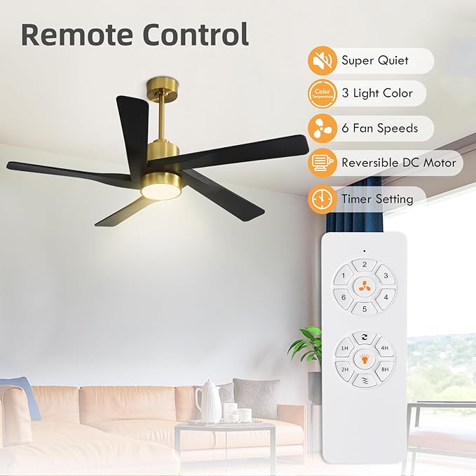 WINGBO 54" ABS DC Ceiling Fan with Lights, 5 Blade ABS Plastic Ceiling Fan with Remote, 6-Speed Reversible DC Motor, LED Ceiling Fan for Kitchen Bedroom Living Room, Brass and Matte Black