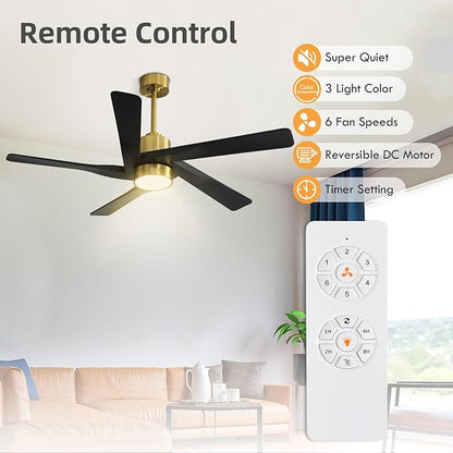 WINGBO 64" ABS DC Ceiling Fan with Lights, 5 Blade ABS Plastic Ceiling Fan with Remote, 6-Speed Reversible DC Motor, LED Ceiling Fan for Kitchen Bedroom Living Room, Brass and Matte Black