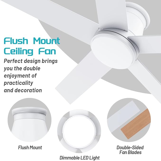 wurzee 60 inch Ceiling Fan with Light, White Flush Mount Ceiling Fan 6 Speeds DC Reversible Motor, 5 Blades, Timing, Dimmable, Memory Function for Bedroom, Kitchen, Patios