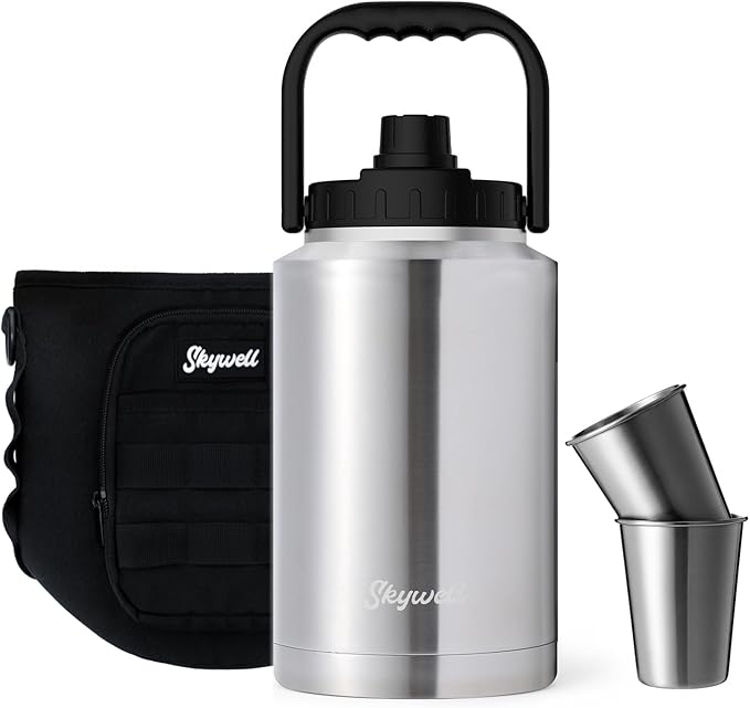 128 Oz Insulated Water Bottle Sleeve and Cup Kit Wide Mouth Water Flask Sweat-Proof and Leak-Proof 1 Gallon Stainless Steel Water Jug for Outdoors, Silver Kit