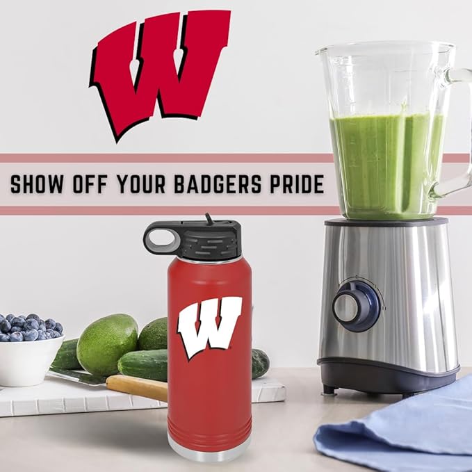 University of Wisconsin 32oz Stainless Steel Double Walled Red Beverage Bottle with Flip Straw Spout - College Gear for Playoff Season – For Office, Home or Auto – Show your Badgers Pride