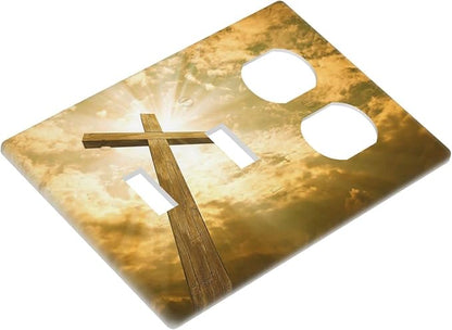 Christ Jesus Cross Sky Decorative Combo 2 Toggle Duplex Outlet Light Switch Cover Wall Plate 3 Gang for Electrical Kitchen Living Room Bedroom Bathroom Home Novelty Decorate