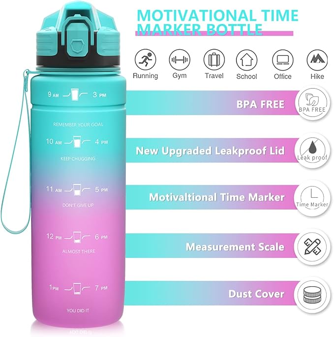 ZOUNICH Tritan BPA Free Water Bottle with Time Marker - 32oz/24oz/17oz Leakproof Motivational Sports Water Bottles to Ensure You Drink Enough Water Throughout The Day for Fitness and Outdoor Activity