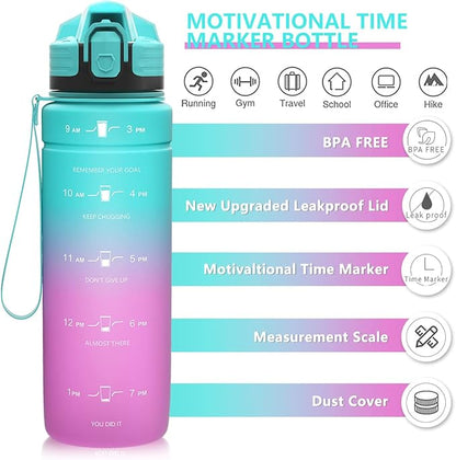 ZOUNICH Tritan BPA Free Water Bottle with Time Marker - 32oz/24oz/17oz Leakproof Motivational Sports Water Bottles to Ensure You Drink Enough Water Throughout The Day for Fitness and Outdoor Activity