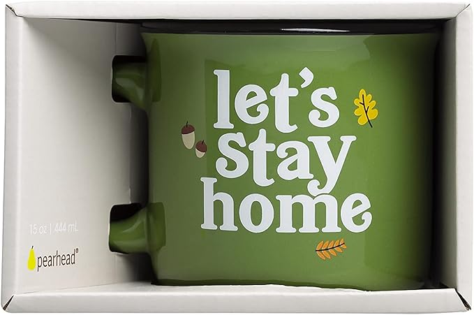 Pearhead Let's Stay Home Mug, Autumn Home Dećor Accessories, Fall Holiday Kitchen Decor, Coffee or Tea Cup, Green, 15oz