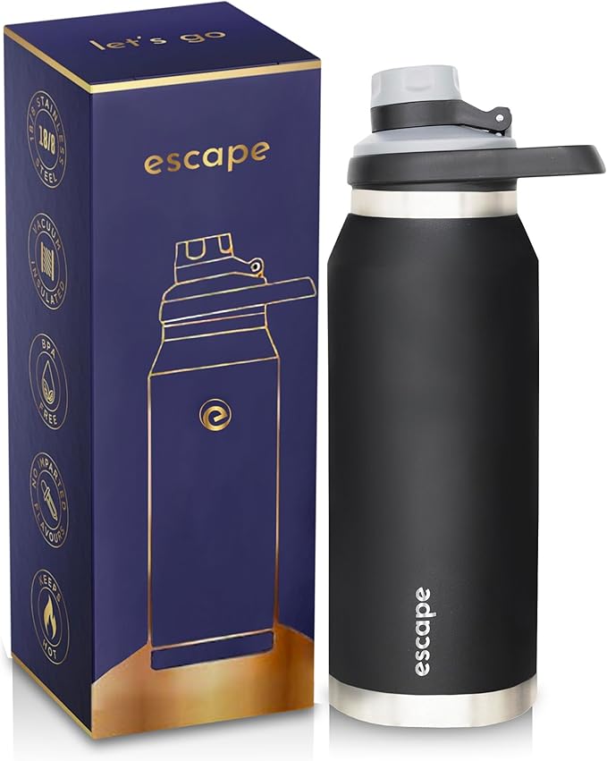 1 Liter Water Bottle Ideal for Gym Dishwasher Safe 34 oz Insulated Stainless Steel that Keeps Hot & Cold Wide Mouth BLACK ESCAPE