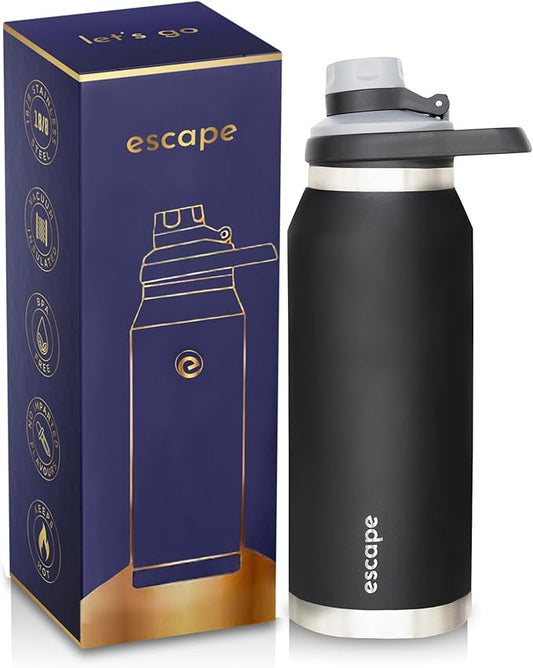 1 Liter Water Bottle Ideal for Gym Dishwasher Safe 34 oz Insulated Stainless Steel that Keeps Hot & Cold Wide Mouth BLACK ESCAPE