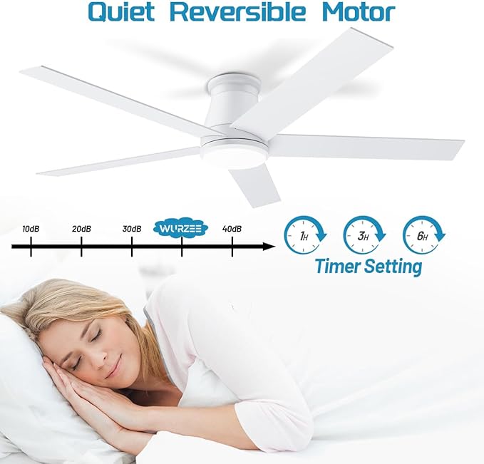 wurzee 60 inch Ceiling Fan with Light, White Flush Mount Ceiling Fan 6 Speeds DC Reversible Motor, 5 Blades, Timing, Dimmable, Memory Function for Bedroom, Kitchen, Patios