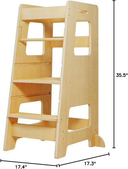 WOOD CITY Kitchen Step Stool for Kids and Toddlers with Safety Rail, Adjustable Height Step Stool Helper Standing Tower Learning Stool for Bathroom & Kitchen Counter