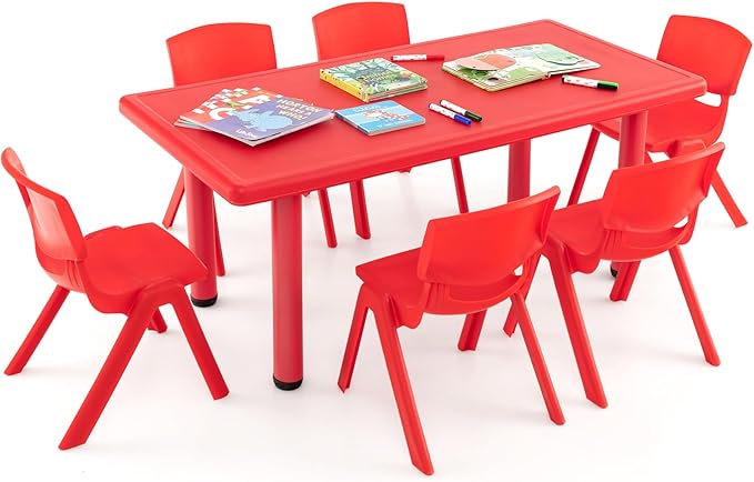 48" L x 24" W Kids Table and 6 Chairs Set, 1-8 Year Old Toddler Activity Craft Table for Toddlers Home, Nursery, Classrooms - Red