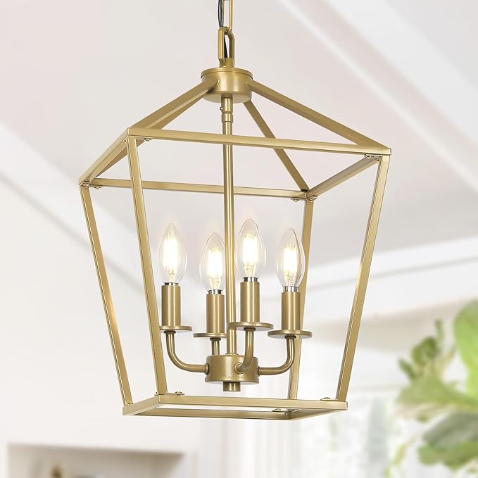 4 Light Chandelier Light, Modern Ceiling Lighting with Metal Cage, Gold Lantarn Fixture Adjustable Chain, Geometric Hanging Light Fixture E12 Base for Entryway, Kitchen Island, Indoor Use