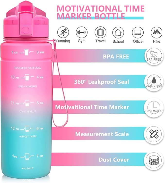 ZOUNICH Tritan BPA Free Water Bottle with Time Marker - 32oz/24oz/17oz Leakproof Motivational Sports Water Bottles to Ensure You Drink Enough Water Throughout The Day for Fitness and Outdoor Activity