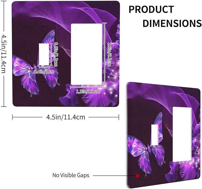 Purple Butterfly Flower Combo Single Toggle 1 Rocker Light Switch Wall Plate Cover Decorative 2-Gang for Electrical Outlets Girls Room Bathroom Bedroom Home Kitchen One Decora Receptacle 4.5" x 4.6"